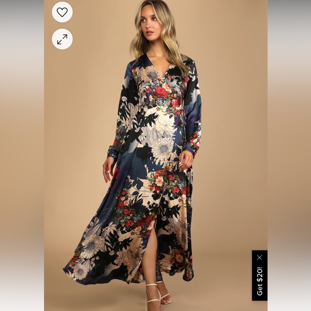 Put on a Smile Blue Floral Print Satin Wrap Maxi Dress Lulus